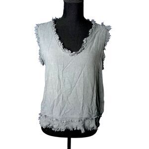Womens Gray Lagenlook Tank Top Sz S Frayed Minimalist Linen Boho Neutral Resort